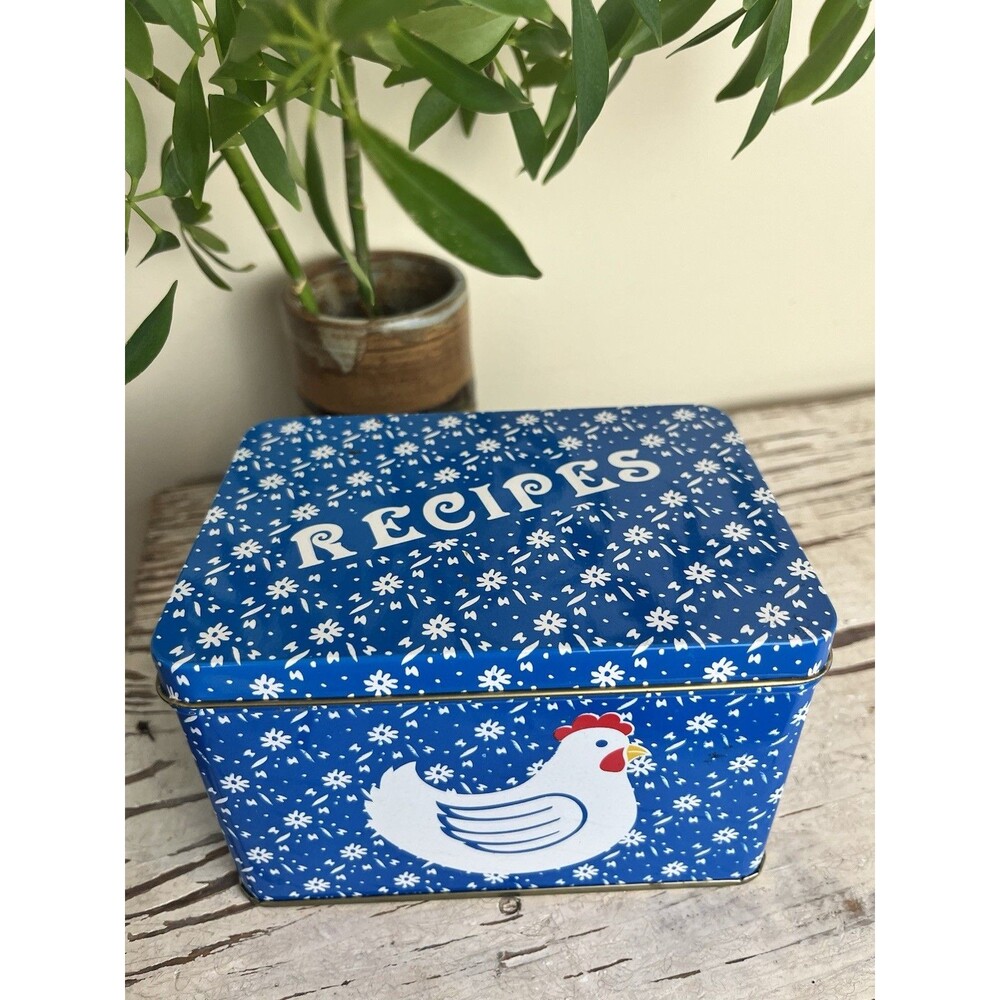 Vintage Country Calico Kitchen Blue & White Metal Tin With Chicken / Farm / Home